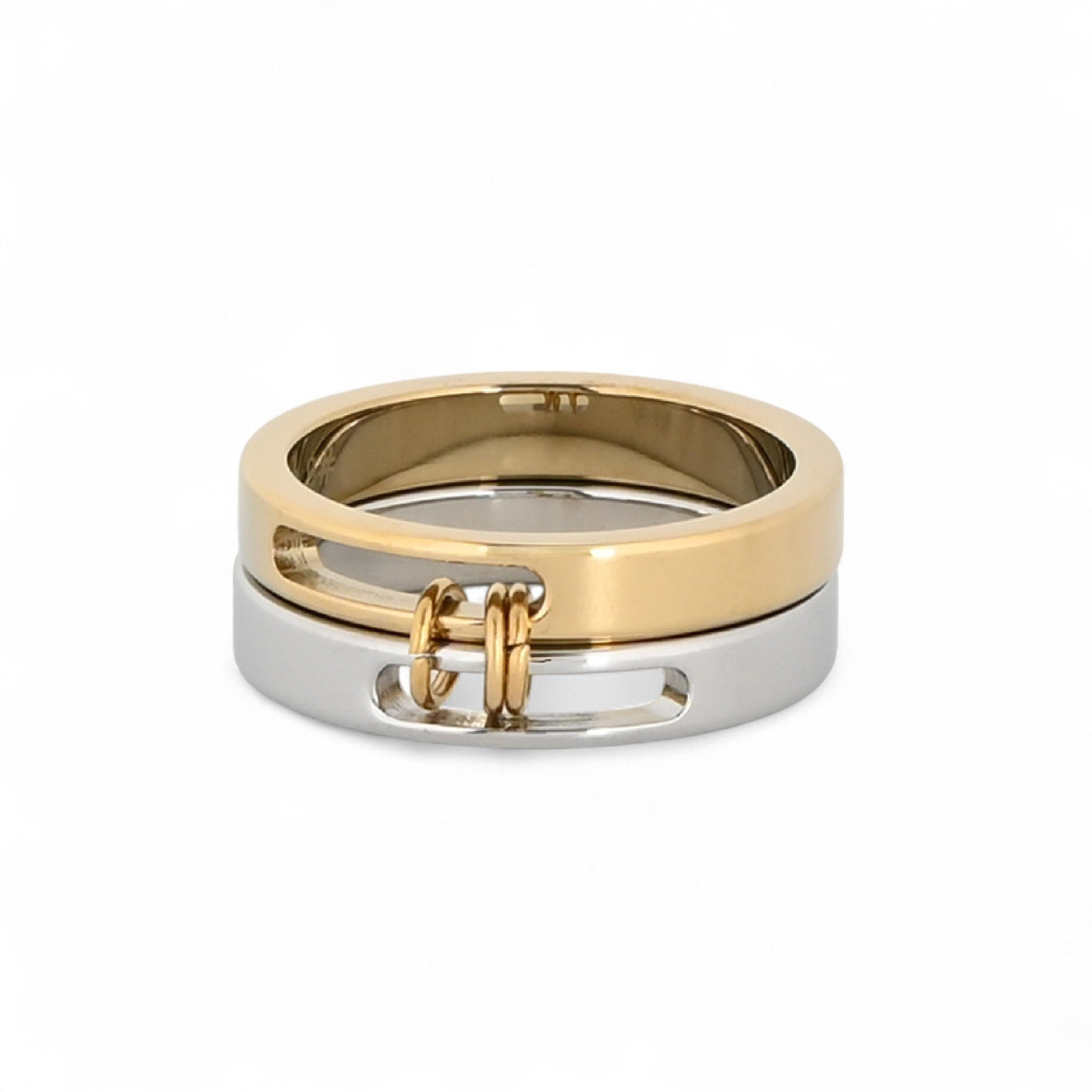 Anillo doble de acero inoxidable en plata y dorado con unión metálica frontal. Joyería unisex genderless